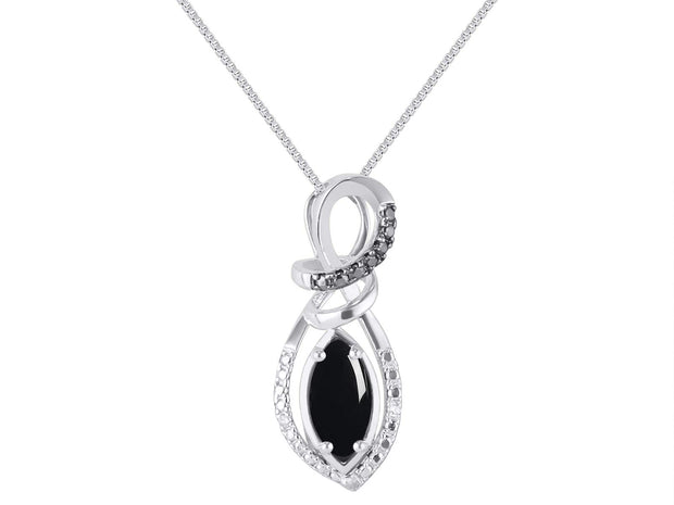 Rylos Designer Necklace: Marquise Gemstone & White & Black Diamond Pendant, 18" Chain, 10X5MM Birthstone, Women's Elegant Sterling Silver Jewelry