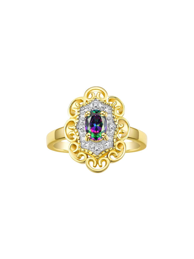 Rylos Floral Designer Ring with 6X4MM Oval Gemstone & Sparkling Diamonds in Yellow Gold Plated Silver- Birthstone Jewelry for Women - Available in Sizes 5 to 10 Embrace Elegance!