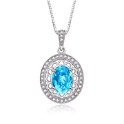 Rylos Sterling Silver Halo Designer Necklace: Gemstone & Diamond Pendant, 18" Chain, 8X6MM Birthstone, Women's Elegant Jewelry