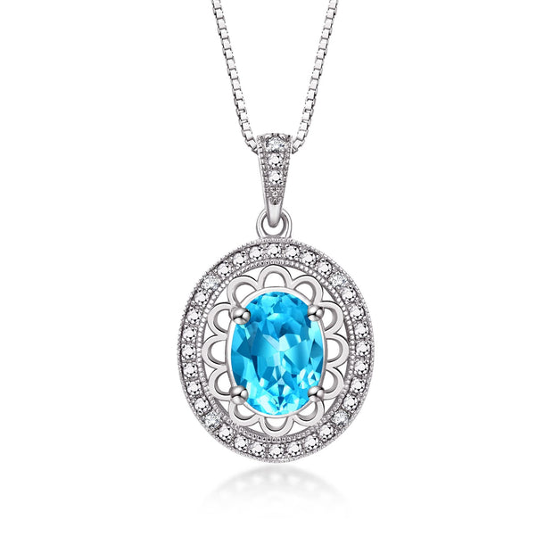 Rylos Sterling Silver Halo Designer Necklace: Gemstone & Diamond Pendant, 18" Chain, 8X6MM Birthstone, Women's Elegant Jewelry