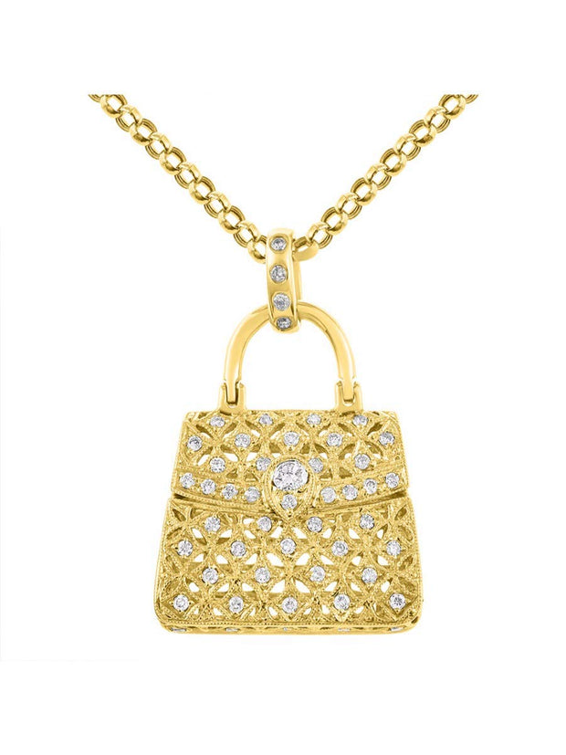 Rylos Great Conversation Starter Diamond Designer Purse Necklace in 14K Yellow Gold or 14K White Gold with 18" Solid Gold Chain