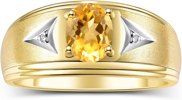 Rylos Men's Rings Classic Design 8X6MM Oval Gemstone & Sparkling Diamond Ring - Color Stone Birthstone Rings for Men, Yellow Gold Plated Silver Rings in Sizes 8-13.