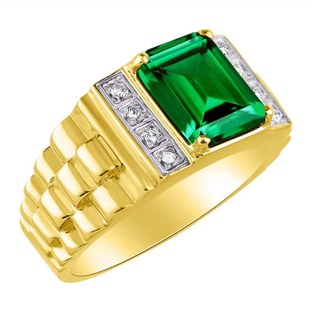 Rylos Men's Rings Yellow Gold Plated Silver Designer Style 10X8MM Emerald Cut Shape Gemstone & Diamonds - Color Stone Birthstone Rings for Men, Sizes 8-13.