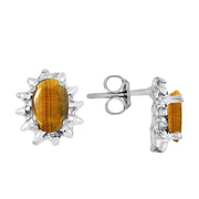 Rylos Matching Jewelry For Women 14K White Gold - Tiger Eye- Ring, Earrings & Necklace 6X4MM Color Stone Gemstone Jewelry For Women Gold Jewelry