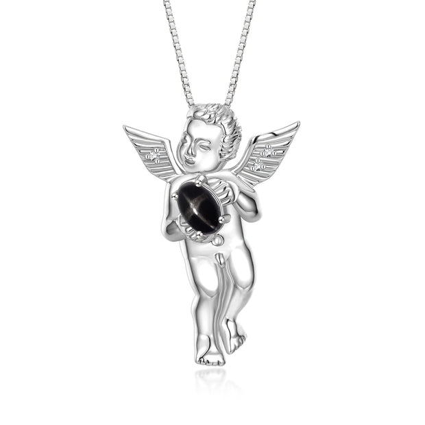 Rylos 14K White Gold Guardian Angel Necklace with 6X4MM Gemstone & Diamonds on 18" Chain - Birthstone