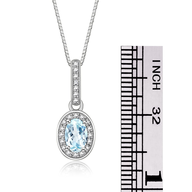 Rylos Sterling Silver Halo Designer Necklace: Gemstone & Diamond Pendant, 18" Chain, 6X4MM Birthstone, Elegant Women's Jewelry