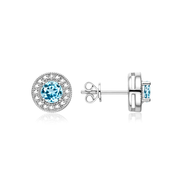 RYLOS Sterling Silver Halo Stud Earrings - 4MM Round Gemstone & Diamonds - Exquisite Birthstone Jewelry