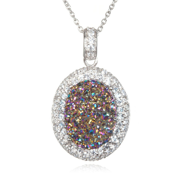 Rylos Sterling Silver Rhodium Plate Oval Mystic Drusy Pendant With White CZ Trim in 18" Silver Chain