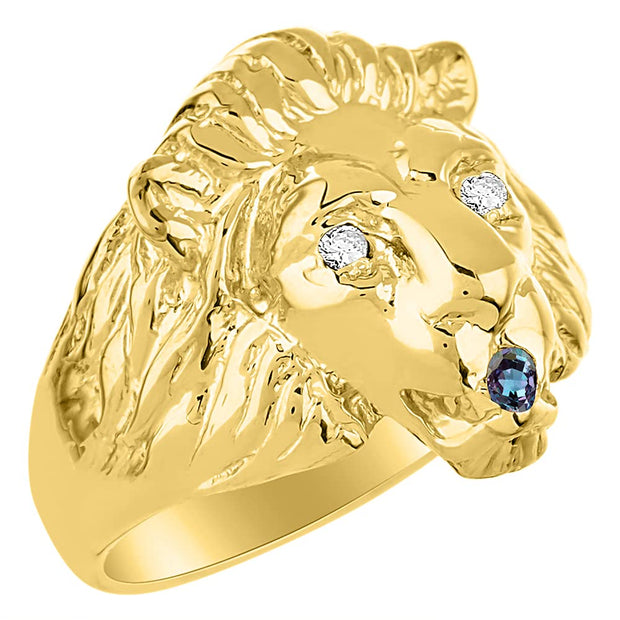 Rylos Lion Head Ring Color Stones Eyes & Diamond Mouth  Fun Designer Rings in Sizes 6-13 in Yellow Gold Plated Silver