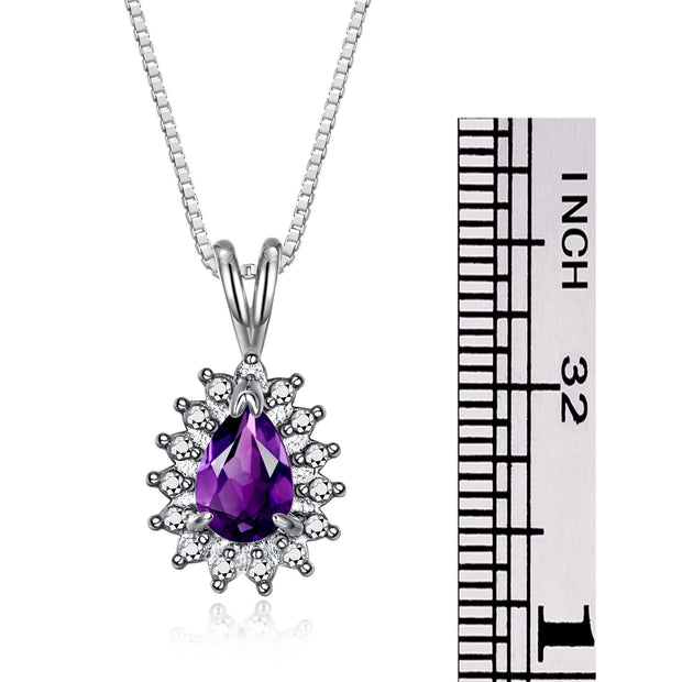 Rylos Halo Pendant 14K White Gold Necklace : Gemstone & Diamond Accent, 18 Chain - 6X4MM Tear Drop Birthstone Women's Jewelry - Timeless Elegance