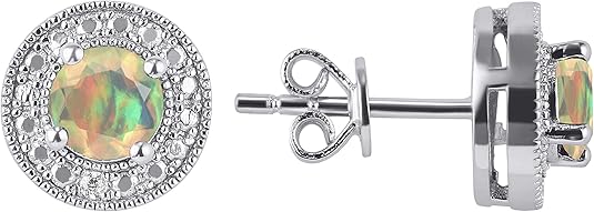 Rylos 14K White Gold Halo Stud Earrings - 4MM Round Gemstone & Diamonds - Exquisite Birthstone Jewelry