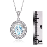 Rylos Sterling Silver Halo Designer Necklace: Gemstone & Diamond Pendant, 18" Chain, 8X6MM Birthstone, Women's Elegant Jewelry