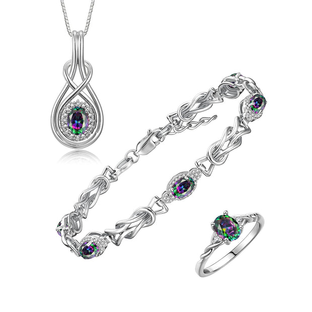 Rylos Matching Jewelry Love Knot Set: Sterling Silver Tennis Bracelet, Ring & Necklace. Gemstone & Diamonds, Adjustable 7"-8" Wrist & 18" Chain. Birthstone Ring Sizes 5-10