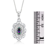 Rylos Matching Set 14K White Gold Floral Pattern Halo Pendant Necklace & Ring. Gemstone & Diamonds, 18" Chain. 6X4MM Birthstone; Sizes 5-10.