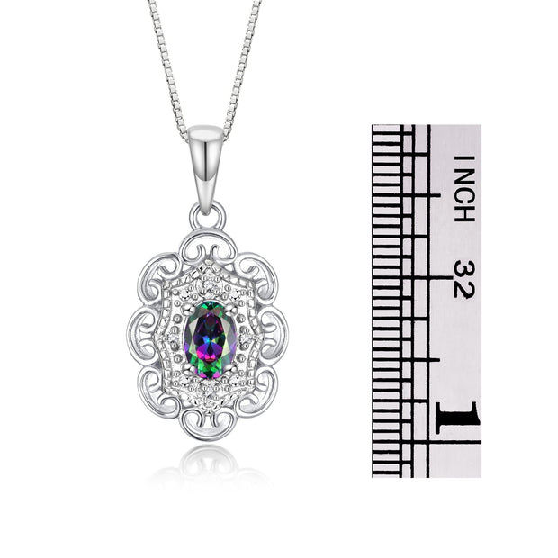 Rylos Matching Set 14K White Gold Floral Pattern Halo Pendant Necklace & Ring. Gemstone & Diamonds, 18" Chain. 6X4MM Birthstone; Sizes 5-10.