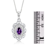 Rylos 14K White Gold Flower Necklace with Gemstones, Diamonds & 18" Chain - 6X4MM Birthstone Pendant for Women - Elegant Diamond Jewelry