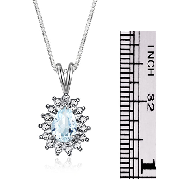 Rylos Halo Pendant 14K White Gold Necklace : Gemstone & Diamond Accent, 18 Chain - 6X4MM Tear Drop Birthstone Women's Jewelry - Timeless Elegance