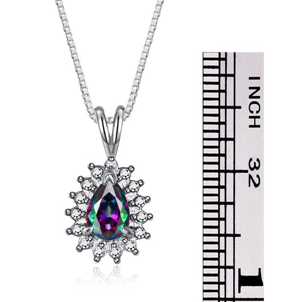 Rylos Halo Pendant Sterling Silver Necklace : Gemstone & Diamond Accent, 18 Chain - 6X4MM Tear Drop Birthstone Women's Jewelry - Timeless Elegance