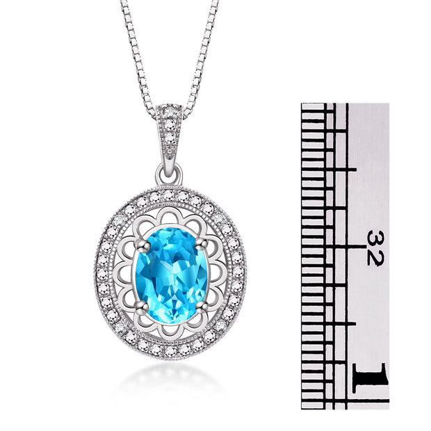 Rylos Sterling Silver Halo Designer Necklace: Gemstone & Diamond Pendant, 18" Chain, 8X6MM Birthstone, Women's Elegant Jewelry