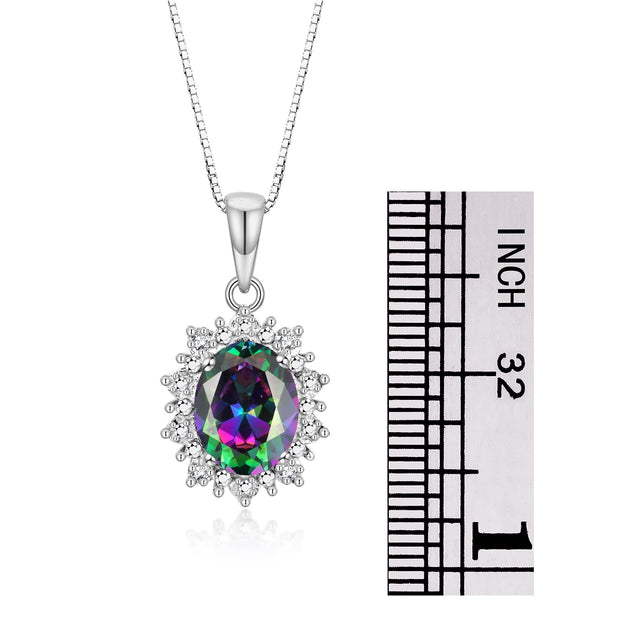 Rylos Princess Diana Inspired Necklace: Gemstone & Diamond Sterling Silver Pendant, 18 Chain, 9X7MM Birthstone, Women's Jewelry