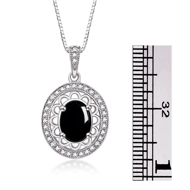 Rylos Sterling Silver Halo Designer Necklace: Gemstone & Diamond Pendant, 18" Chain, 8X6MM Birthstone, Women's Elegant Jewelry