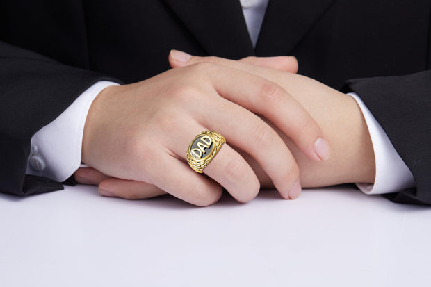 Rylos Yellow Gold Plated Silver DAD Ring with Diamonds and Black Onyx. Available in sizes 8 to 13, Designer men's jewelry collection.