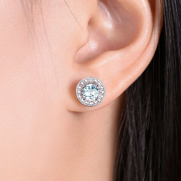 RYLOS 14K White Gold Halo Stud Earrings - 4MM Round Gemstone & Diamonds - Exquisite Birthstone Jewelry