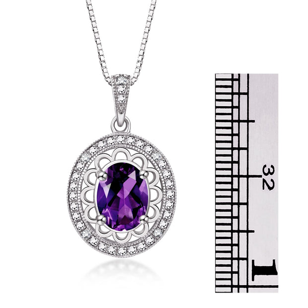 Rylos Sterling Silver Halo Designer Necklace: Gemstone & Diamond Pendant, 18" Chain, 8X6MM Birthstone, Women's Elegant Jewelry