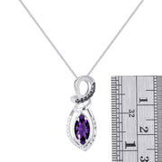 Rylos Designer Necklace: Marquise Gemstone & White & Black Diamond Pendant, 18" Chain, 10X5MM Birthstone, Women's Elegant Sterling Silver Jewelry