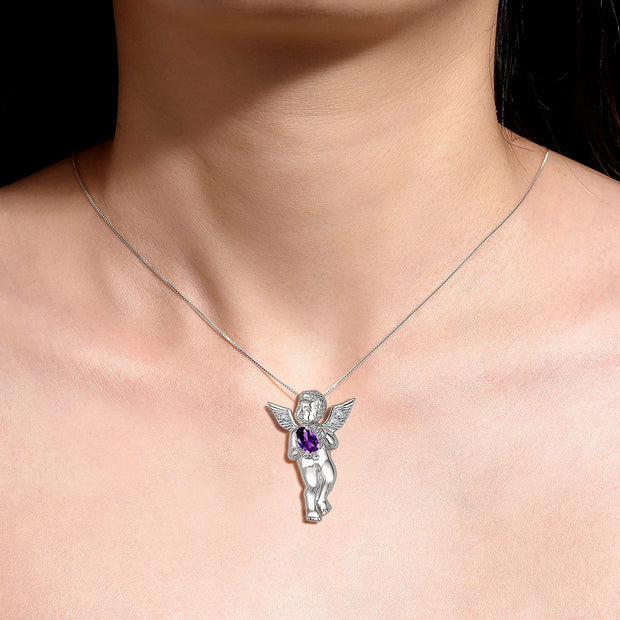 Rylos Guardian Angel Necklace with 6X4MM Gemstone & Diamonds on 18" Chain -Sterling Silver Birthstone Pendant