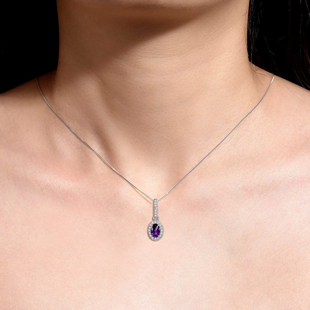 Rylos Sterling Silver Halo Designer Necklace: Gemstone & Diamond Pendant, 18" Chain, 6X4MM Birthstone, Elegant Women's Jewelry