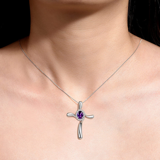 Rylos Sterling Silver Cross Necklace: Gemstone & Diamond Pendant, 18" Chain, 7X5MM Birthstone, Elegant Women's Jewelry