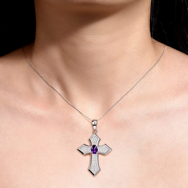 Rylos 14K White Gold Cross Necklace: Gemstone & Diamond Pendant - 7X5MM Birthstone - 18 Chain - Elegant Jewelry