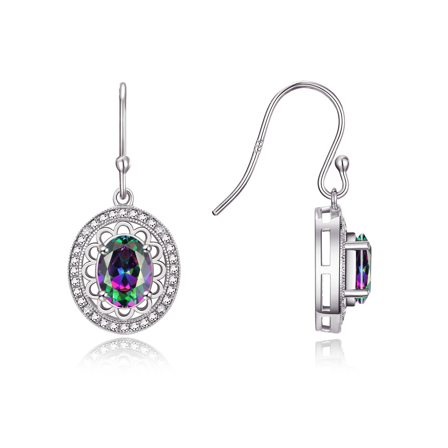 RYLOS Sterling Silver Princess Diana Inspired Earrings - Oval Shape Gemstone & Diamonds - 8X6MM Birthstone Earrings - Timeless Color Stone Jewelry