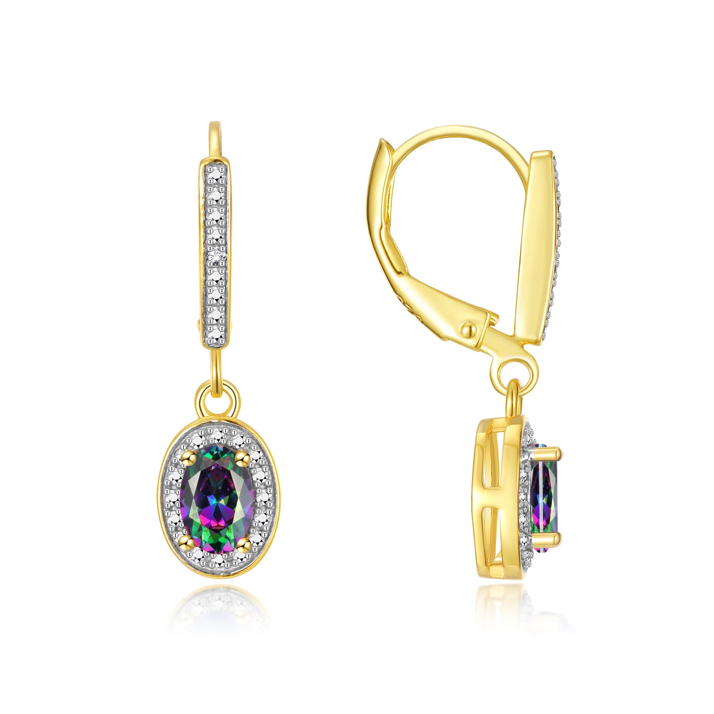 RYLOS Women's Yellow Gold Plated Dangling Earrings - Oval Shape Gemstone & Diamonds - 6X4MM Birthstone Earrings-Exquisite Color Stone Jewelry