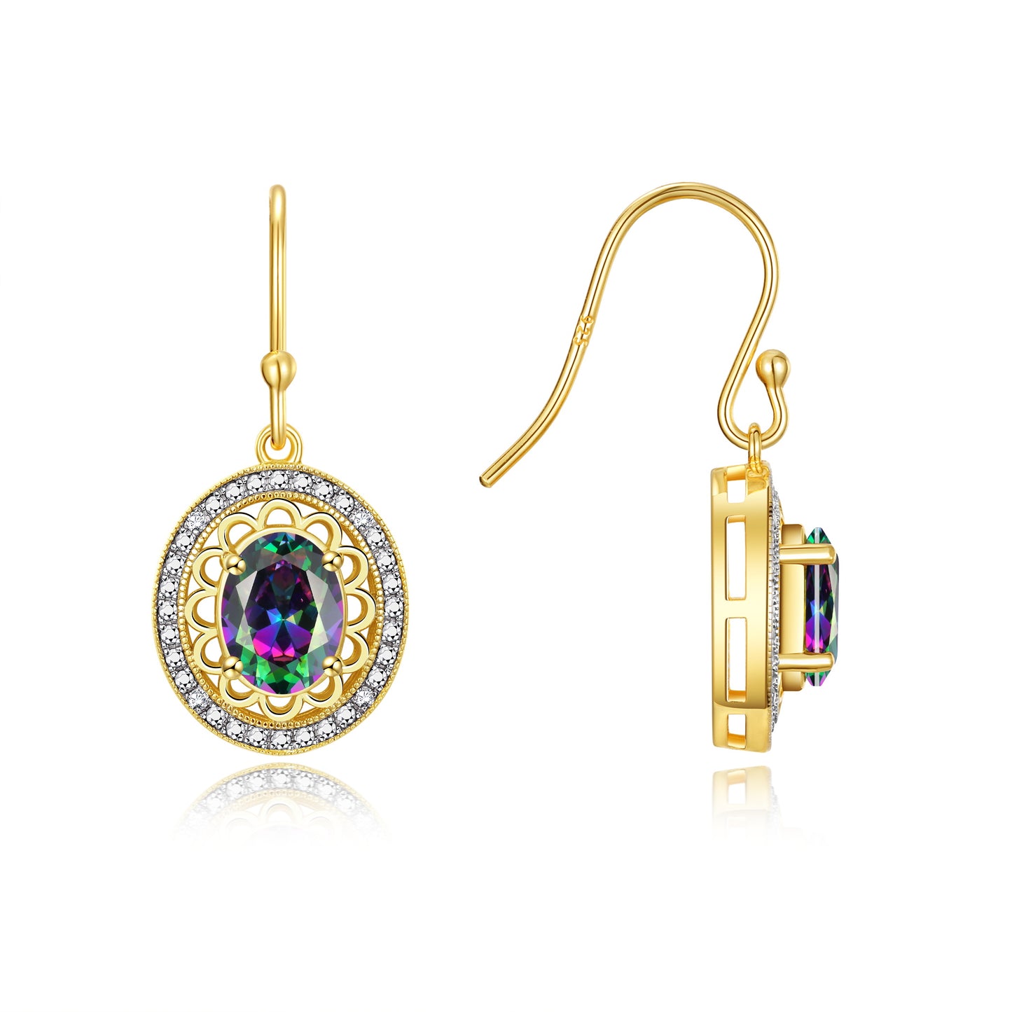 RYLOS 14K Yellow Gold Princess Diana Inspired Earrings - Oval Shape Gemstone & Diamonds - 8X6MM Birthstone Earrings - Timeless Color Stone Jewelry