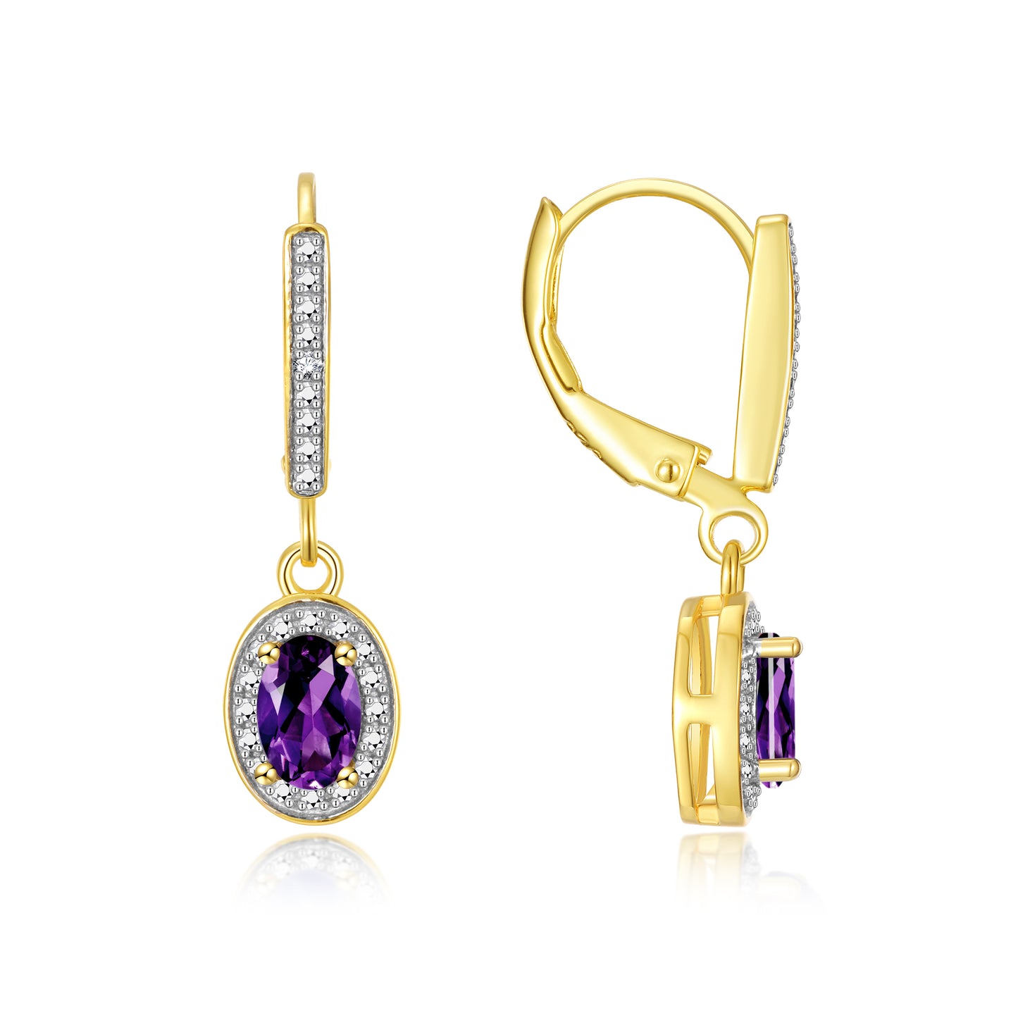 RYLOS Women's Yellow Gold Plated Dangling Earrings - Oval Shape Gemstone & Diamonds - 6X4MM Birthstone Earrings-Exquisite Color Stone Jewelry