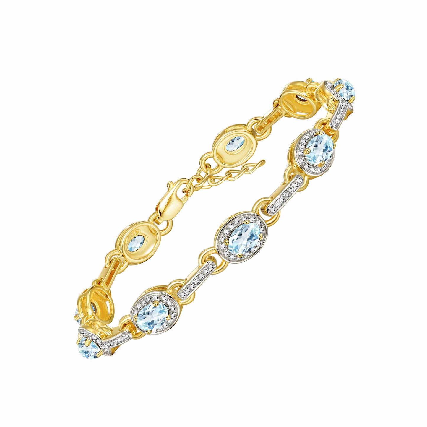 RYLOS Tennis Bracelet with Gemstones & Diamond Halo Yellow Gold Plated Silver 925  - Adjustable 7-8" Wrist, 9 Stunning 6x4MM Birthstone Jewelry for Women - Perfect for Friendship and Elegance."