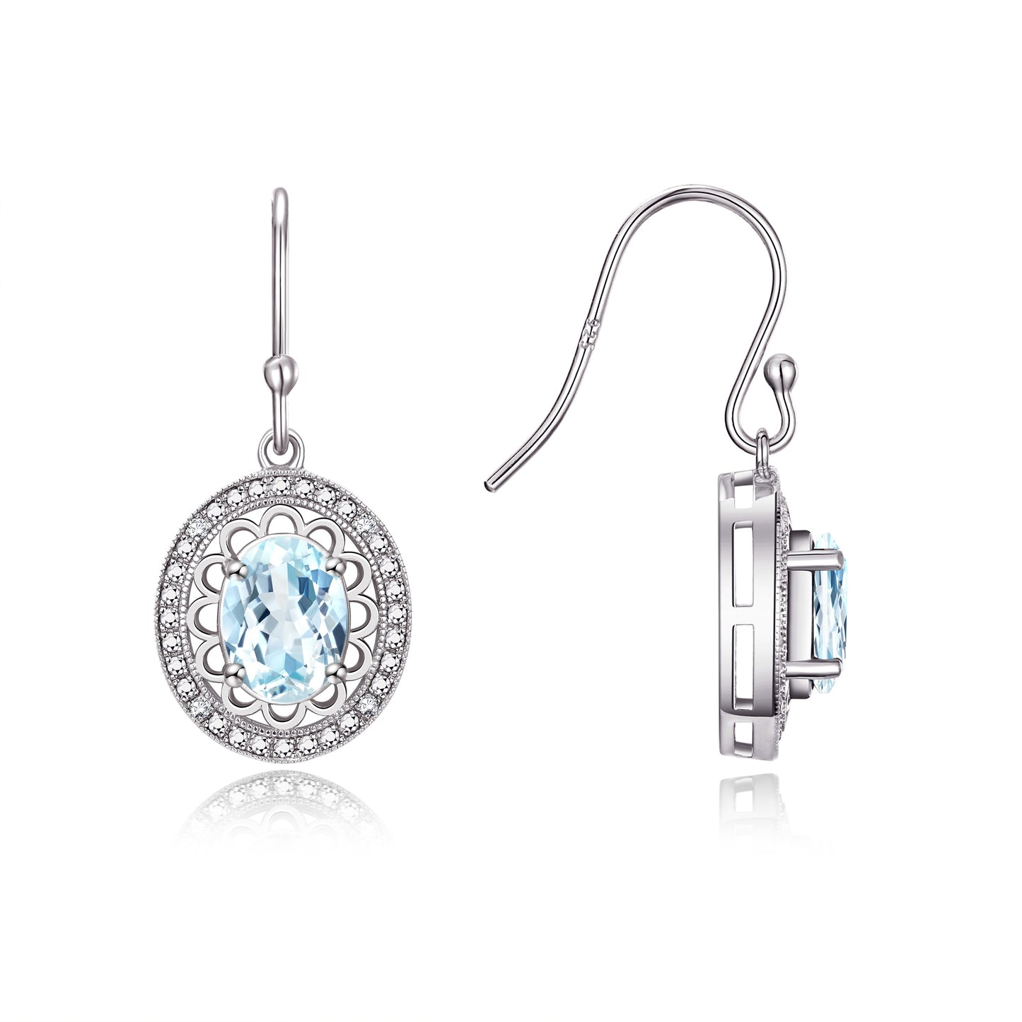RYLOS 14K White Gold Princess Diana Inspired Earrings - Oval Shape Gemstone & Diamonds - 8X6MM Birthstone Earrings - Timeless Color Stone Jewelry