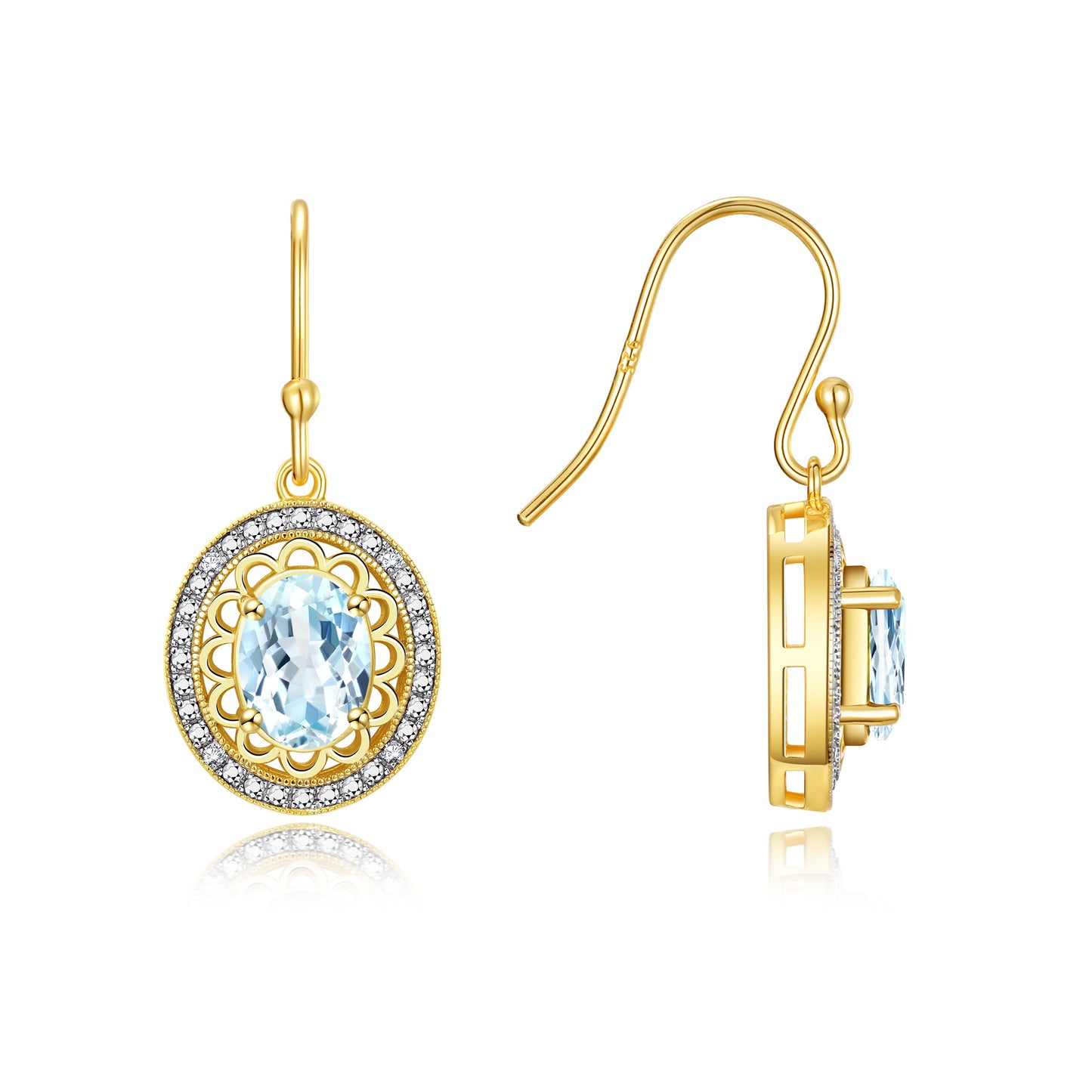 RYLOS 14K Yellow Gold Princess Diana Inspired Earrings - Oval Shape Gemstone & Diamonds - 8X6MM Birthstone Earrings - Timeless Color Stone Jewelry