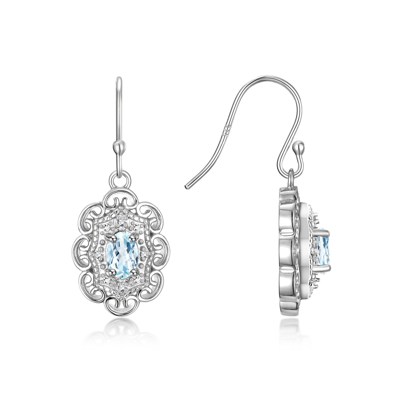 RYLOS Sterling Silver Antique Style Floral Earrings - Oval Shape Gemstone & Diamonds - 6X4MM Birthstone Earrings - Timeless Color Stone Jewelry