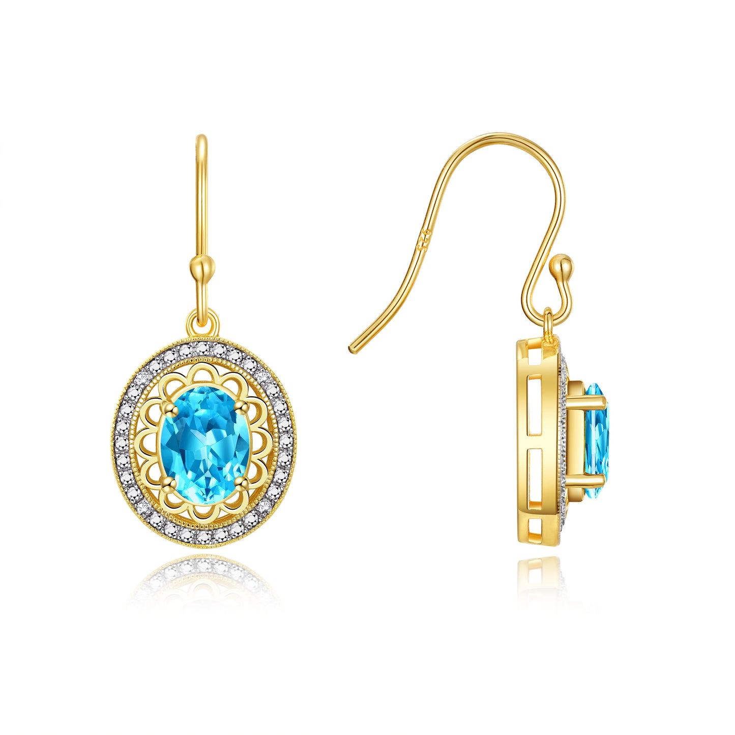 RYLOS 14K Yellow Gold Princess Diana Inspired Earrings - Oval Shape Gemstone & Diamonds - 8X6MM Birthstone Earrings - Timeless Color Stone Jewelry