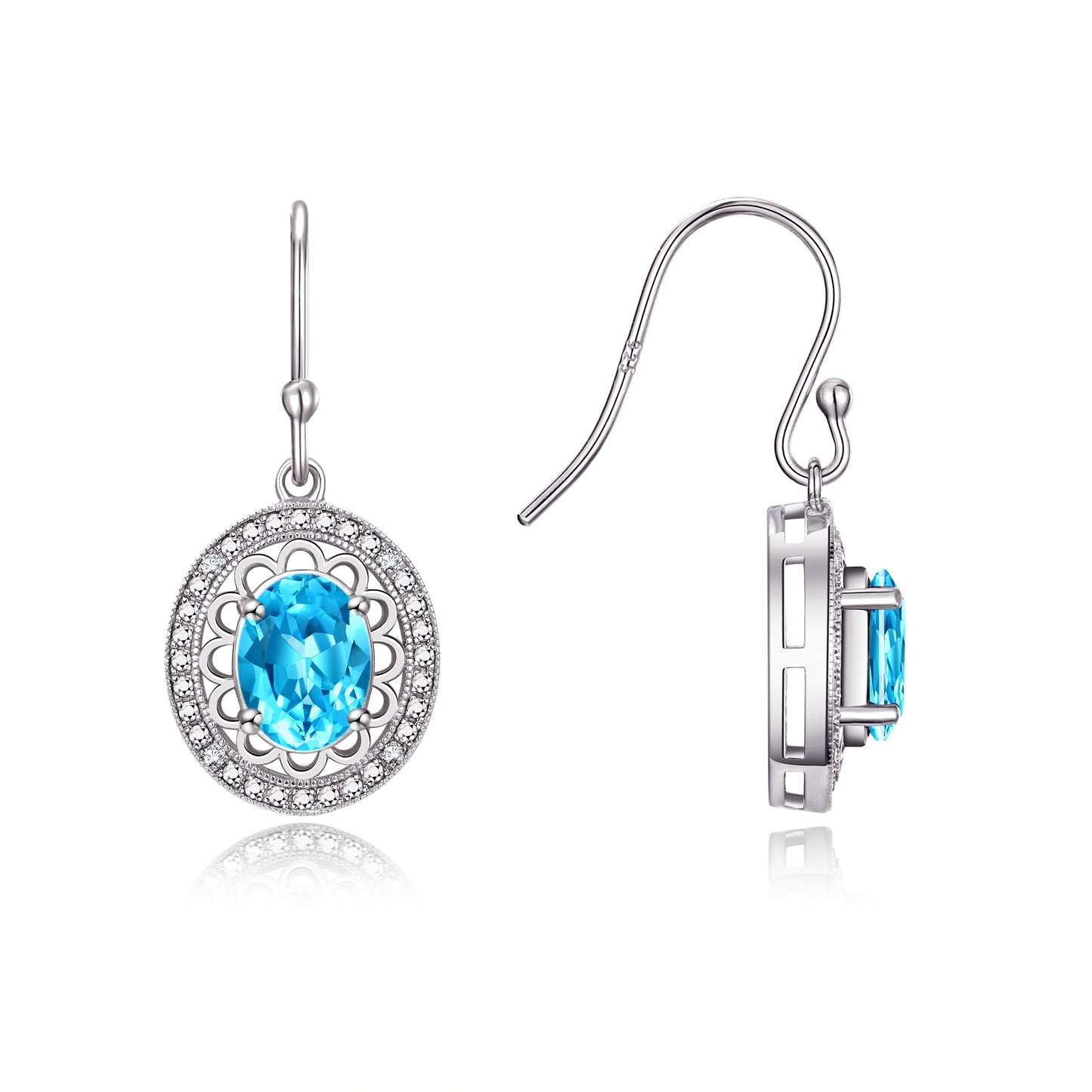 RYLOS Sterling Silver Princess Diana Inspired Earrings - Oval Shape Gemstone & Diamonds - 8X6MM Birthstone Earrings - Timeless Color Stone Jewelry