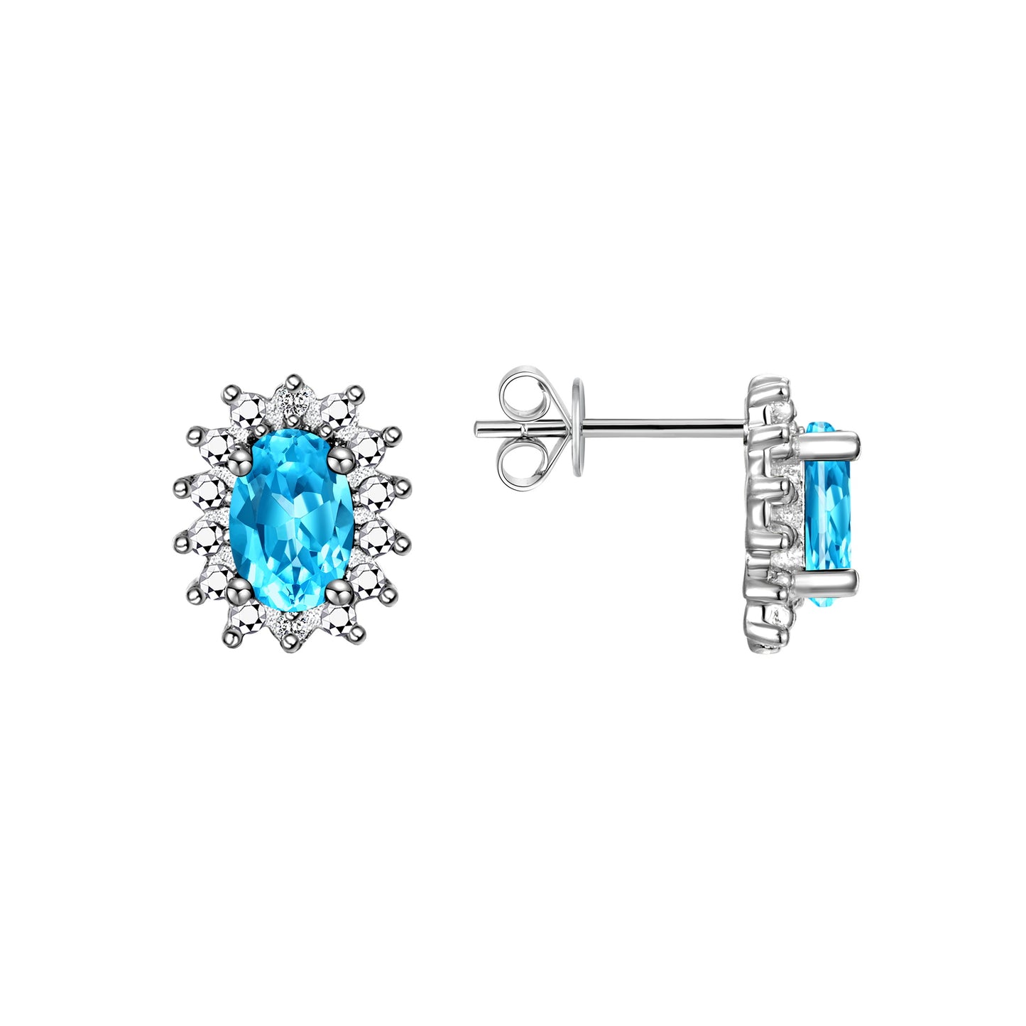 Rylos  Sterling Silver Halo Stud Earrings - 6X4MM Oval  & Diamonds - Exquisite Birthstone Jewelry