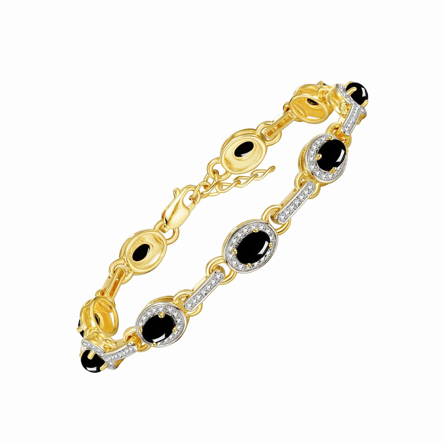 RYLOS Tennis Bracelet with Gemstones & Diamond Halo Yellow Gold Plated Silver 925  - Adjustable 7-8" Wrist, 9 Stunning 6x4MM Birthstone Jewelry for Women - Perfect for Friendship and Elegance."