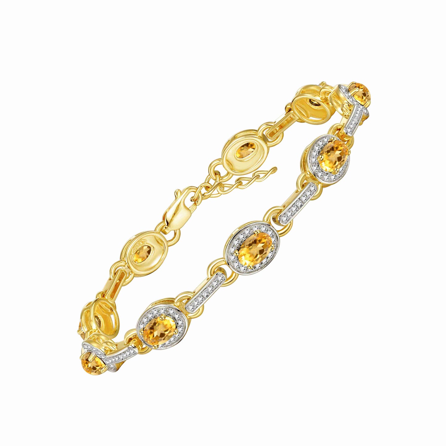 RYLOS Tennis Bracelet with Gemstones & Diamond Halo Yellow Gold Plated Silver 925  - Adjustable 7-8" Wrist, 9 Stunning 6x4MM Birthstone Jewelry for Women - Perfect for Friendship and Elegance."