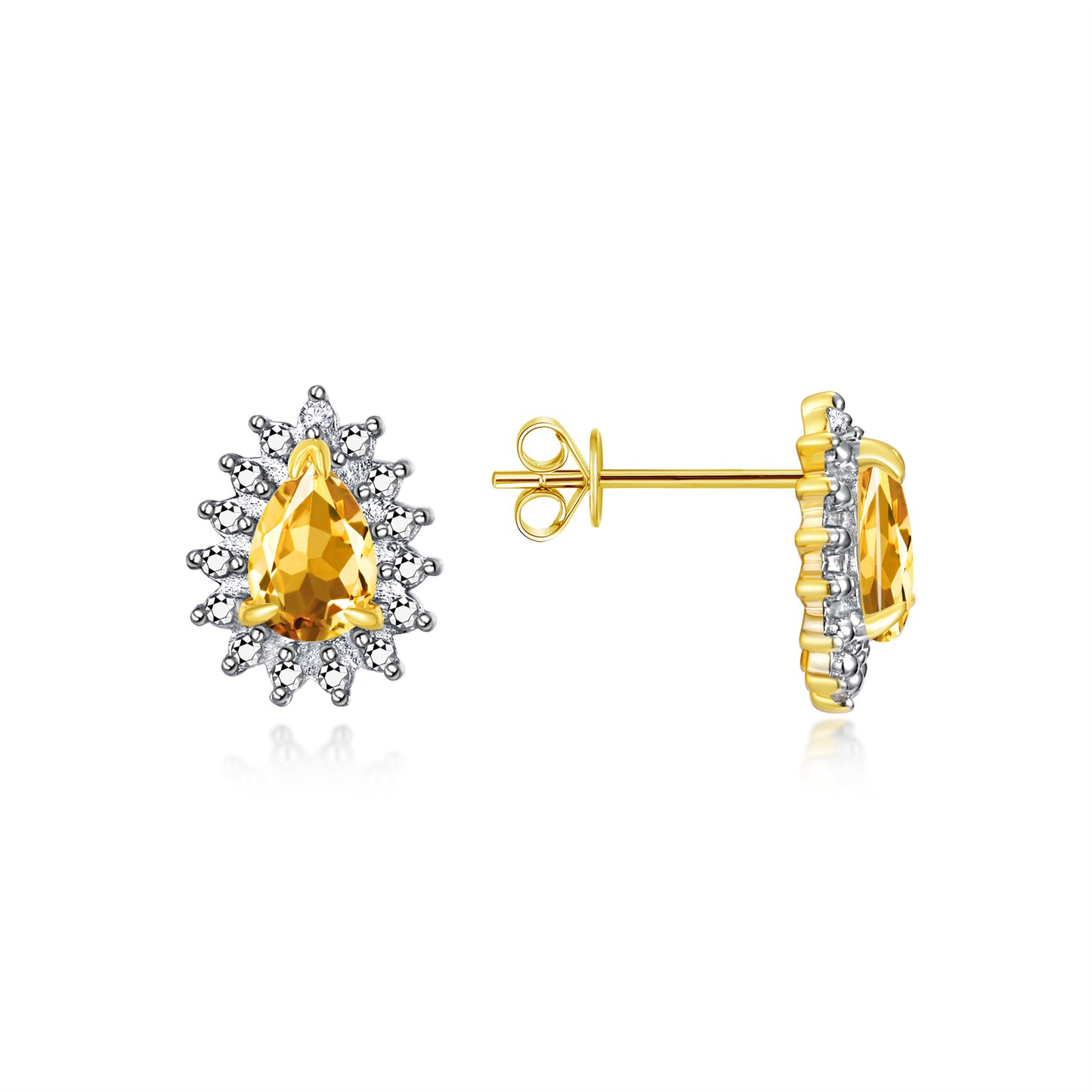 RYLOS Yellow Gold Plated Halo Stud Earrings - 6X4MM Pear Shape Gemstone & Diamonds - Exquisite Birthstone Jewelry