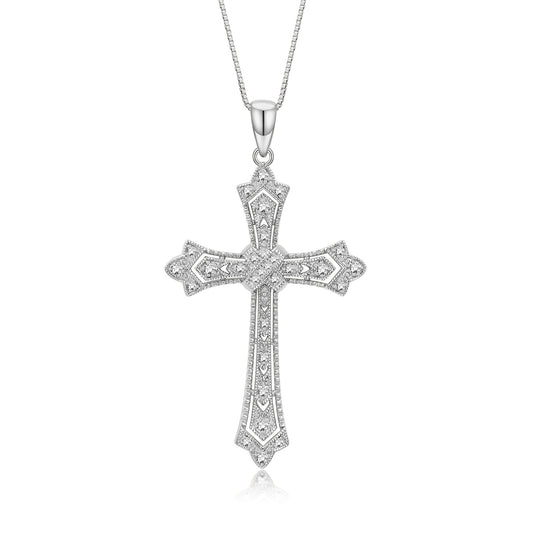 Rylos Silver  Diamond Cross Pendant Necklace - Timeless Antique Style, 18" Chain - Symbolic Faith and Grace in Women's Jewelry