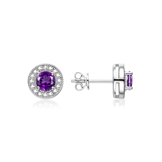 RYLOS Earrings For Women 925 Sterling Silver Earrings with Round Shape Gemstone & Genuine Diamonds Halo Stud Earrings 4MM  Amethyst February Birthstone Earring  Jewelry For Women  Silver Earrings