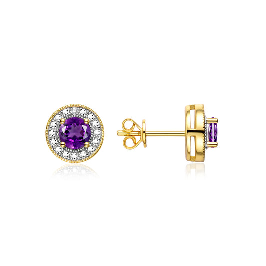 RYLOS Yellow Gold Plated Silver Halo Stud Earrings - 4MM Round Gemstone & Diamonds - Exquisite Birthstone Jewelry